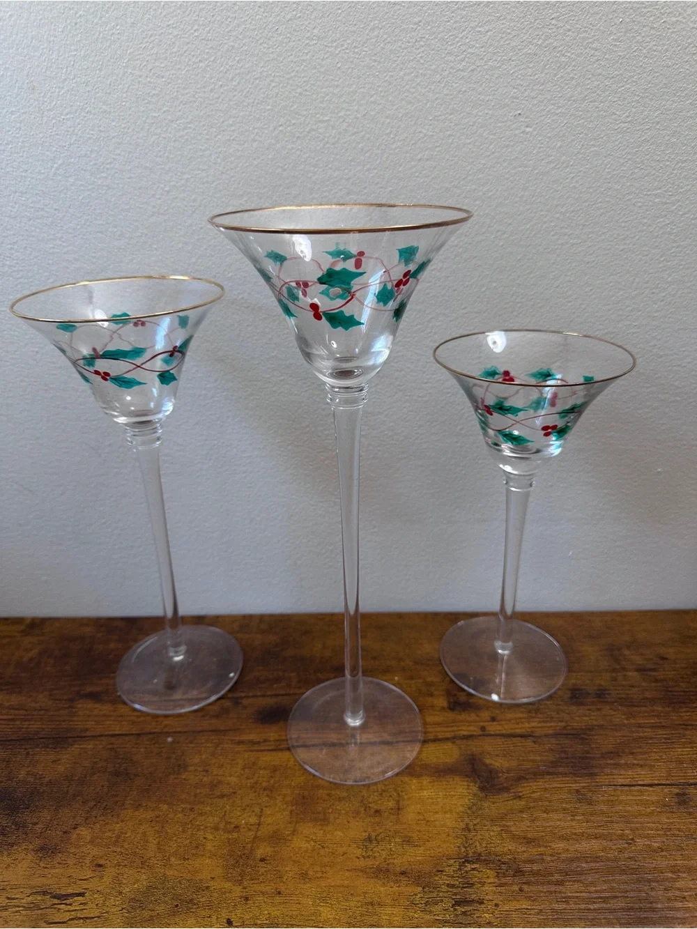Trim A Home Christmas Glass Voti­ve Candle Holders Tartan Ribbon Holly Set of 3